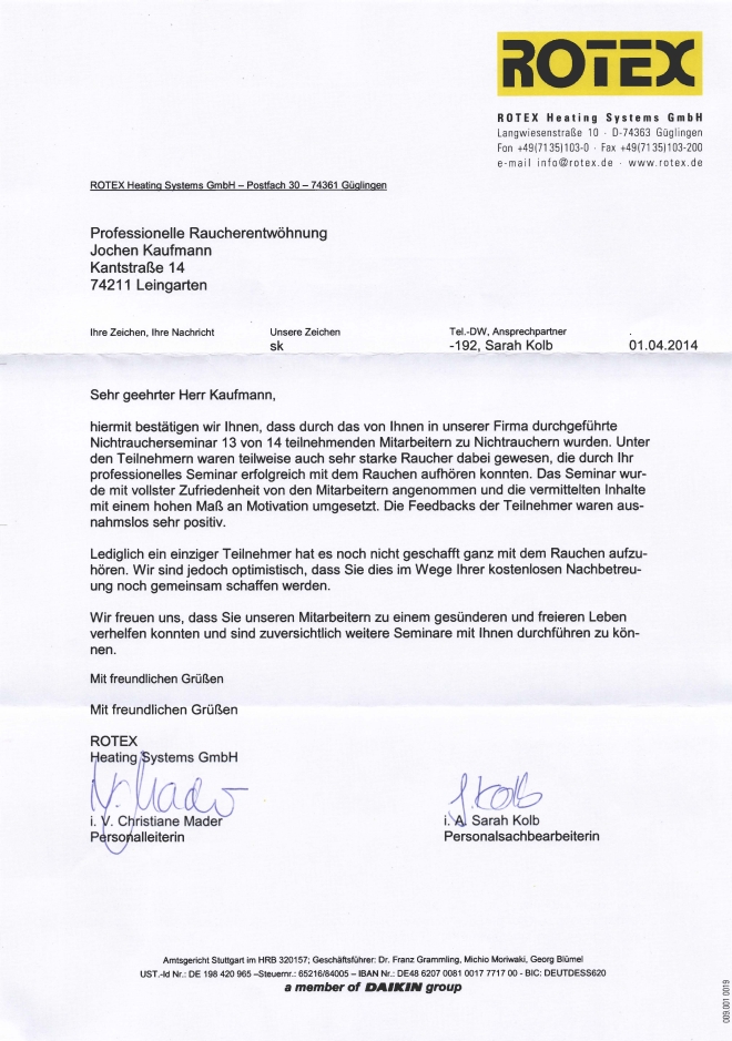 Raucherentwöhnung-Referenzschreiben Fa. Rotex