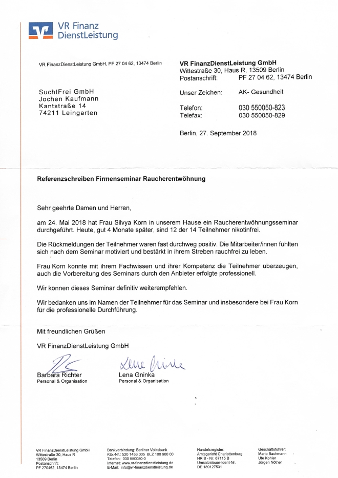 Raucherentwöhnung-Referenzschreiben