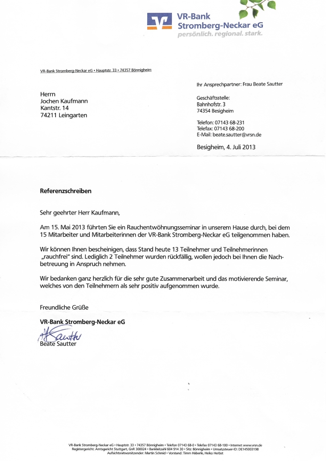 Raucherentwöhnung-Referenzschreiben