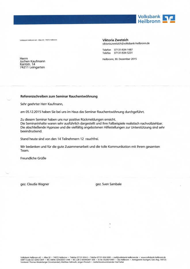 Raucherentwöhnung-Referenzschreiben