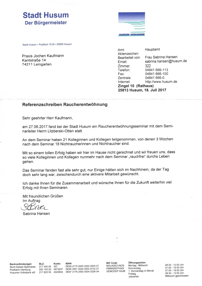 Raucherentwöhnung-Referenzschreiben