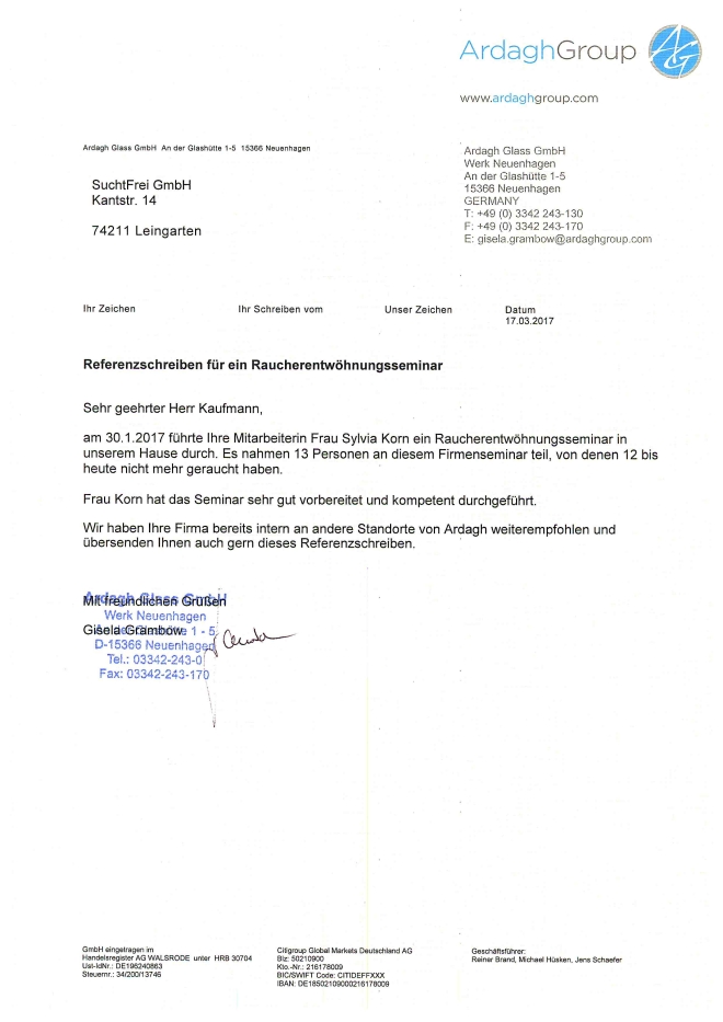 Raucherentwöhnung-Referenzschreiben ArdaghGroup