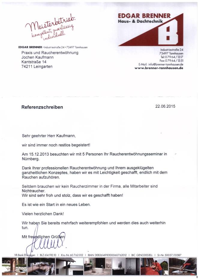 Raucherentwöhnung-Referenzschreiben Edgar Brenner