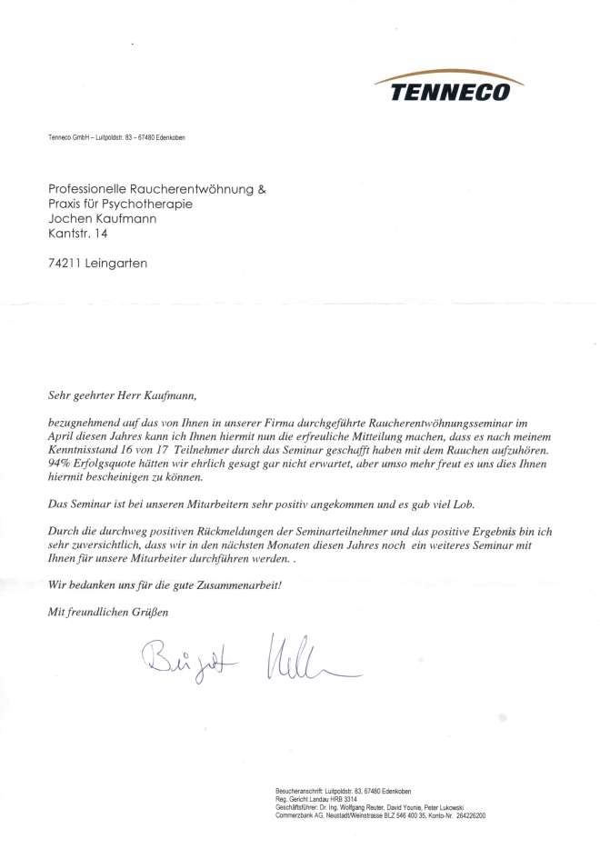 Raucherentwöhnung-Referenzschreiben Tenneco - Gillet vier