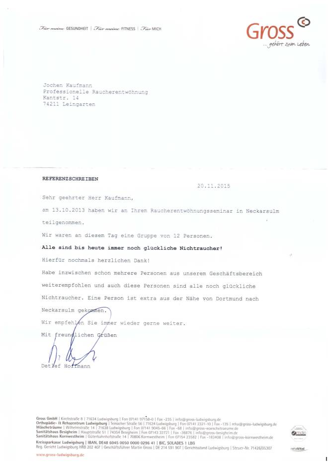 Raucherentwöhnung-Referenzschreiben Gross