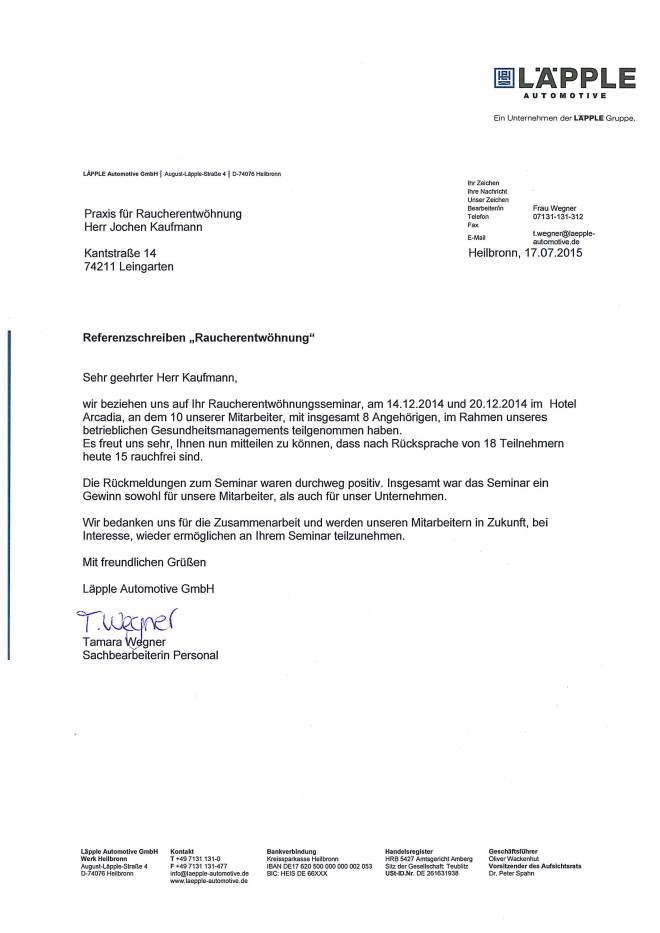 Raucherentwöhnung-Referenzschreiben Läpple