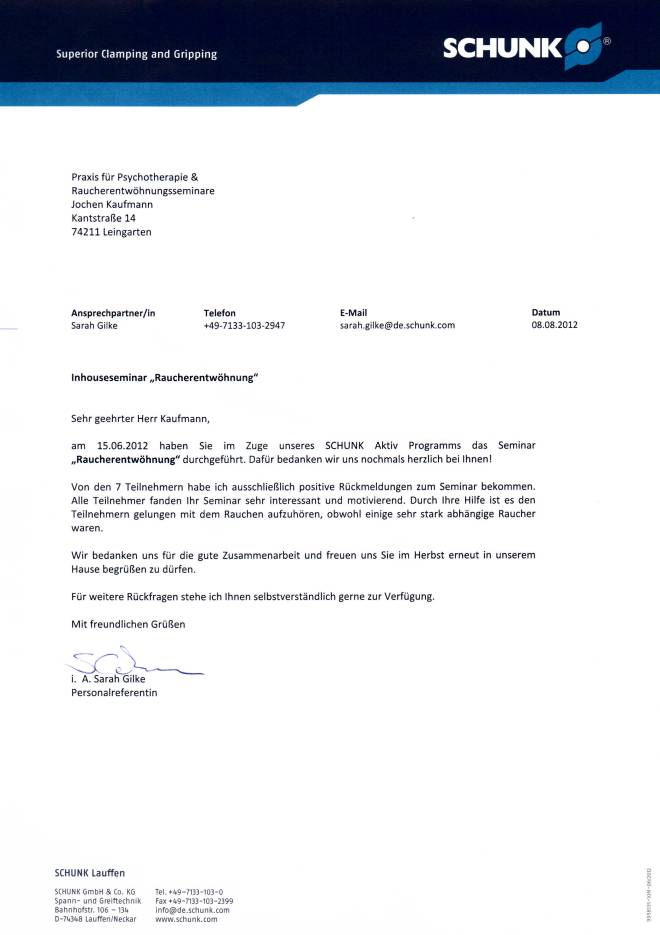 Raucherentwöhnung-Referenzschreiben Fa. Schunk