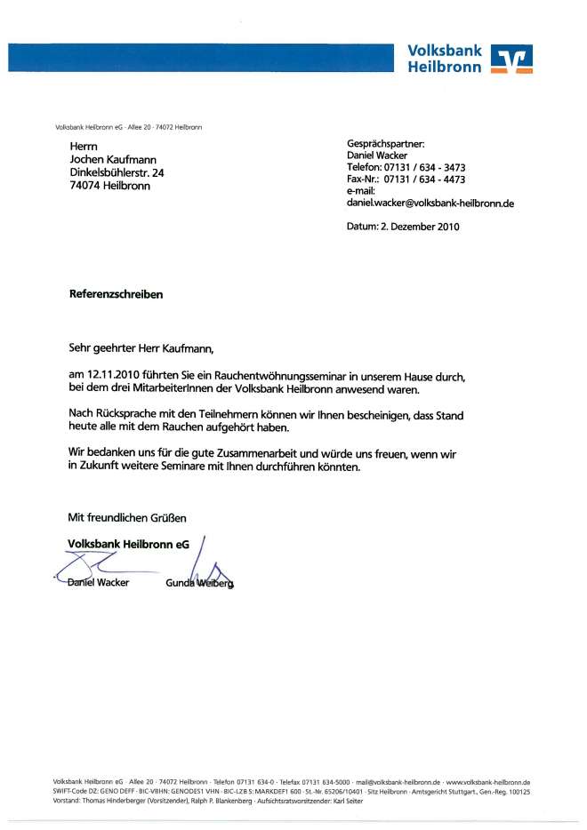 Raucherentwöhnung-Referenzschreiben Volksbank Heilbronn