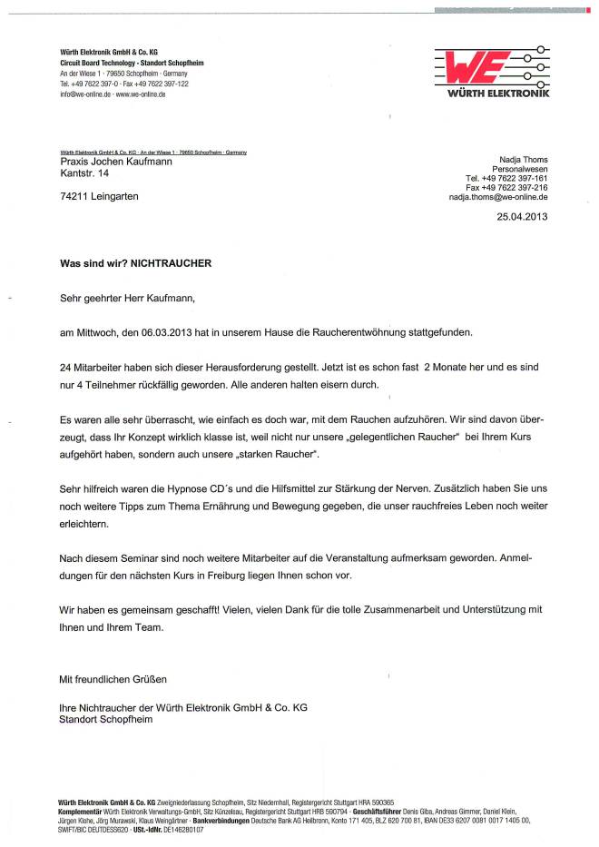 Raucherentwöhnung-Referenzschreiben Würth Elektronik